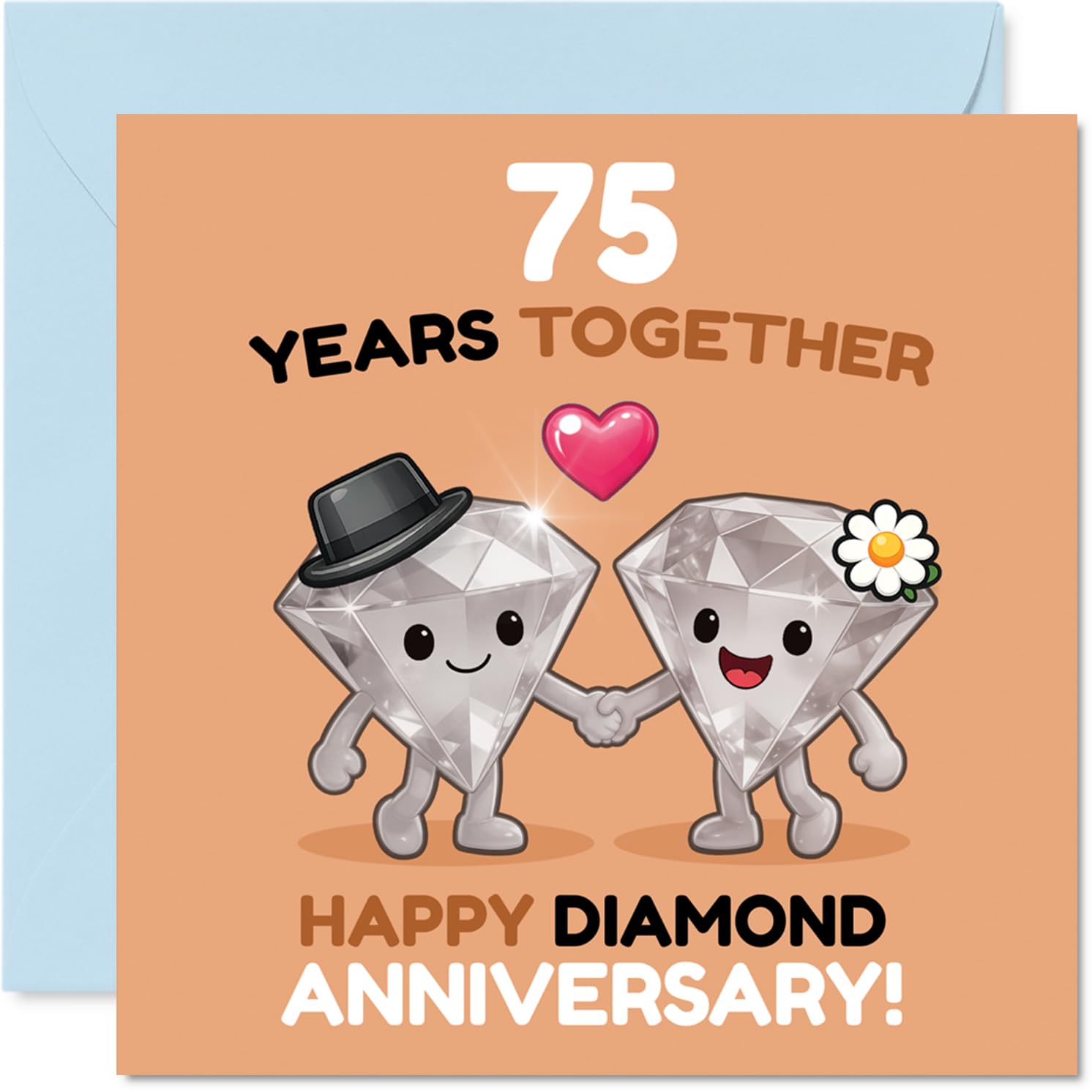 Playful 75th Anniversary Card - Celebrating 75 Sparkling Years - Adorable Diamond Duo with Holding Hands Design - 145mm Square, Envelope Included