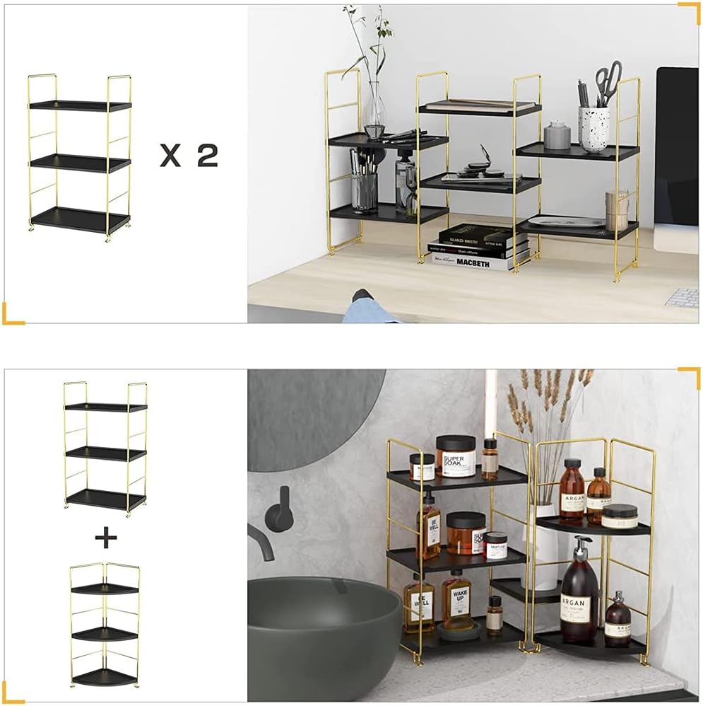 Freestanding Organizer Shelf, 3-Tier Bathroom Countertop Organizer, Makeup Organizer -Corner Storage Shelf, Kitchen Spice Rack,Standing Shelf for Bathroom, Bedroom, Kitchen (Black)