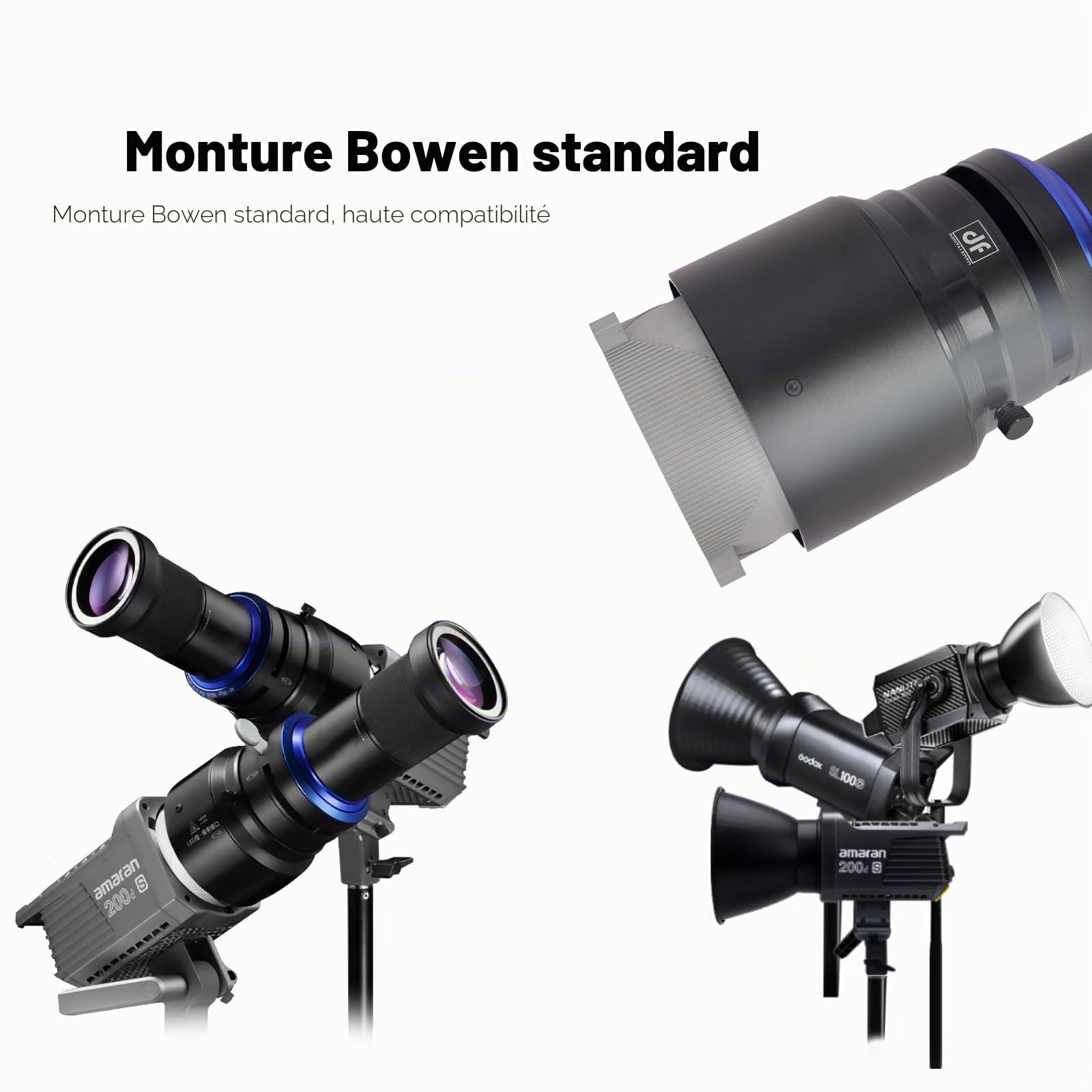 Projecteur de gobos Bowens Mount Snoot avec Volets à 4 Lames, 30 gobos et 5 filtres de Couleur, Compatible avec Aputure Amaran 60D/100D/150C/300C/Storm 400X, Godox SL60, etc. (Max Extend)