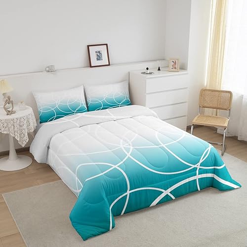 Miniatura 2 de Juego de ropa de cama de círculo geométrico, juego de edredón degradado degradado con anillos circulares de color verde azulado, juego de edredón de