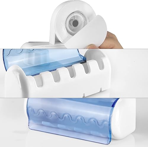Miniatura 2 de 2 soportes autoadhesivos para cepillos de dientes con cubierta para baño, organizador de cepillos de dientes montado en la pared de 5 ranuras para