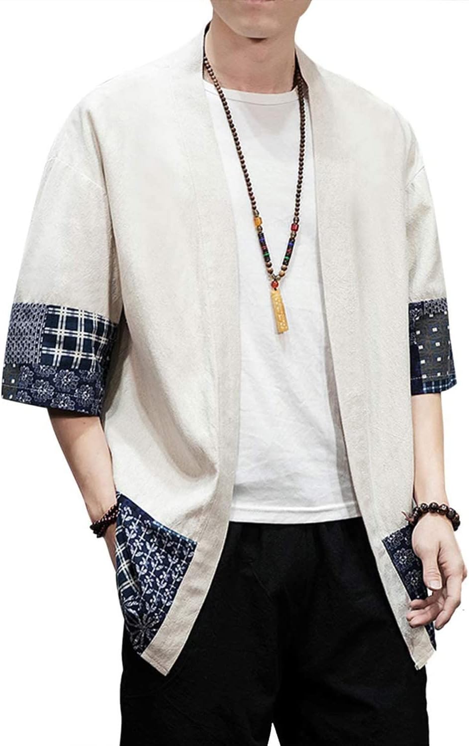 Men's Japanese Kimono Cardigan Loose Cotton Linen 3/4 Sleeve Open Front Casual Summer Shirt Jackets