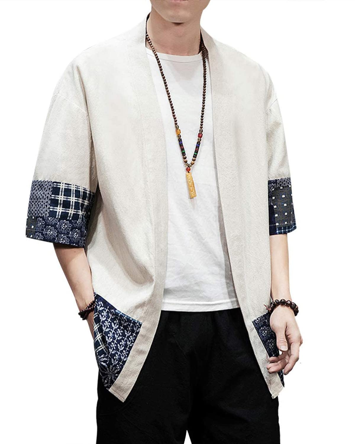 Men's Japanese Kimono Cardigan Loose Cotton Linen 3/4 Sleeve Open Front Casual Summer Shirt Jackets