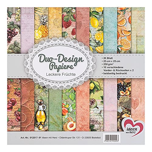 Ideen mit Herz Papier double design - Bloc de 20 feuilles de papier de bricolage - 25 x 25 cm - 250 g/m² - Impression des deux côtés - Papier design - Idéal pour le scrapbooking (fruits délicieux)