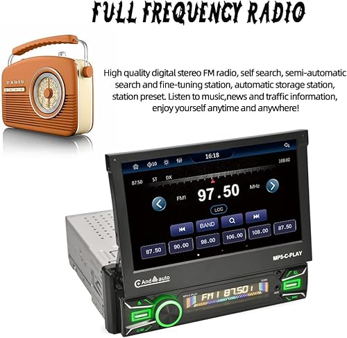 Miniatura 7 de Estéreo de coche 1DIN con Carplay inalámbrico y Android Auto de 7 pulgadas, pantalla táctil eléctrica abatible HD, radio para automóvil, compatible