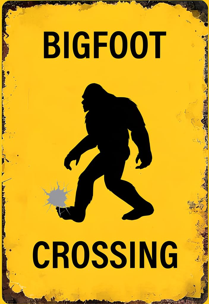 peiyeety Bigfoot Crossing Tin Sign 12x8 Inch Metal Wall Decor Vintage Yellow Warning Style Sasquatch Silhouette Poster for Man Cave Garage Cabin Bar Home Office Funny Gift
