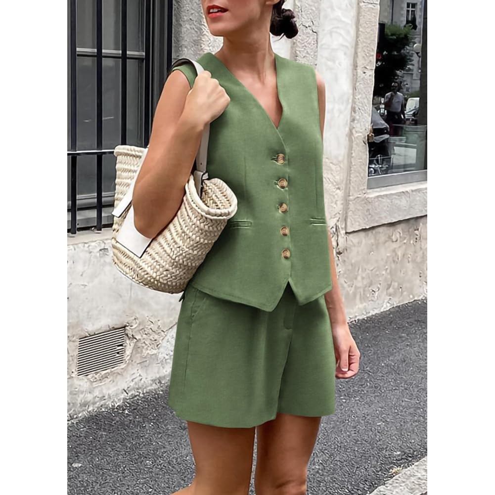 Combinaison d'été deux pièces pour femme, gilet sans manches col en V boutonné, short deux pièces pour femme