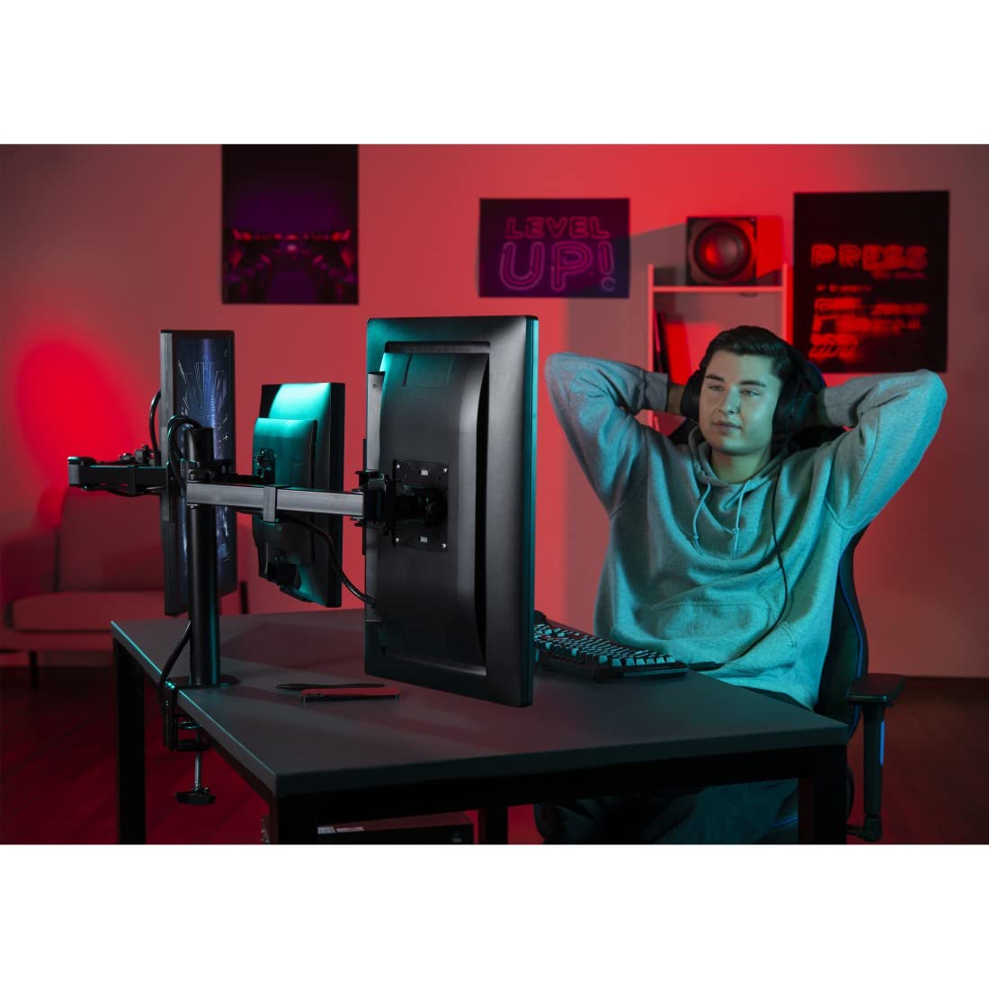 Hama Support Ecran PC 3 écrans Garantie 5 Ans (Bras pour 3 Moniteurs TFT/LCD/LED de 33 à 69 cm (13" - 27"), Hauteur Réglable, Pivotable, Inclinable, Système Easy Fix) Noir