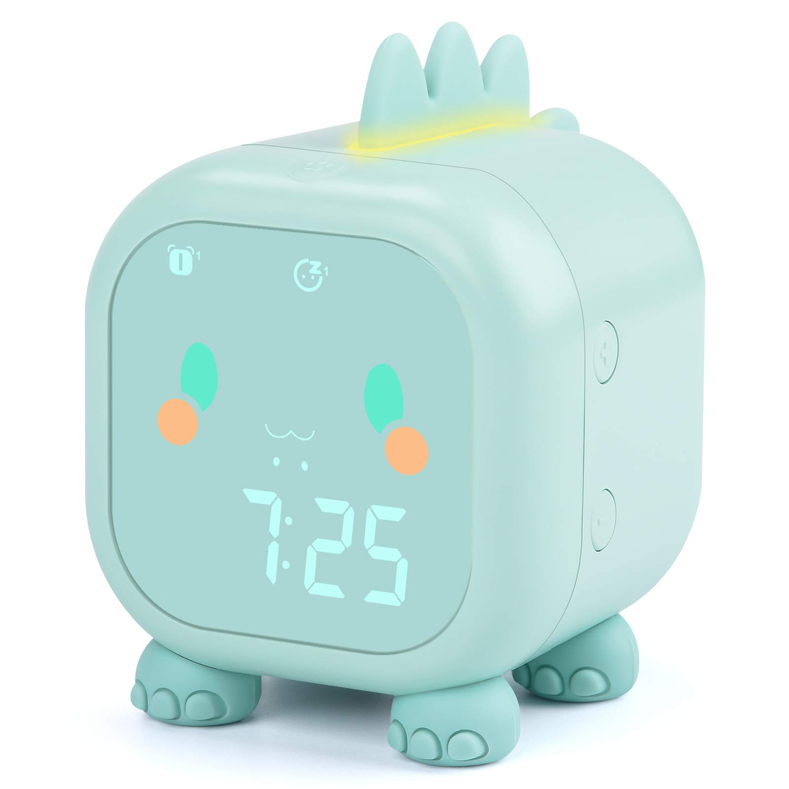 BOWINR Kids Alarm Clock Cute Dinosaur, Bedroom Bedside Digital Alarm Clock for Kids with Indoor Temperature, Children's Sleep Trainer Time to Wake Up Light, Birthday Gifts for Boys Girls(Green)