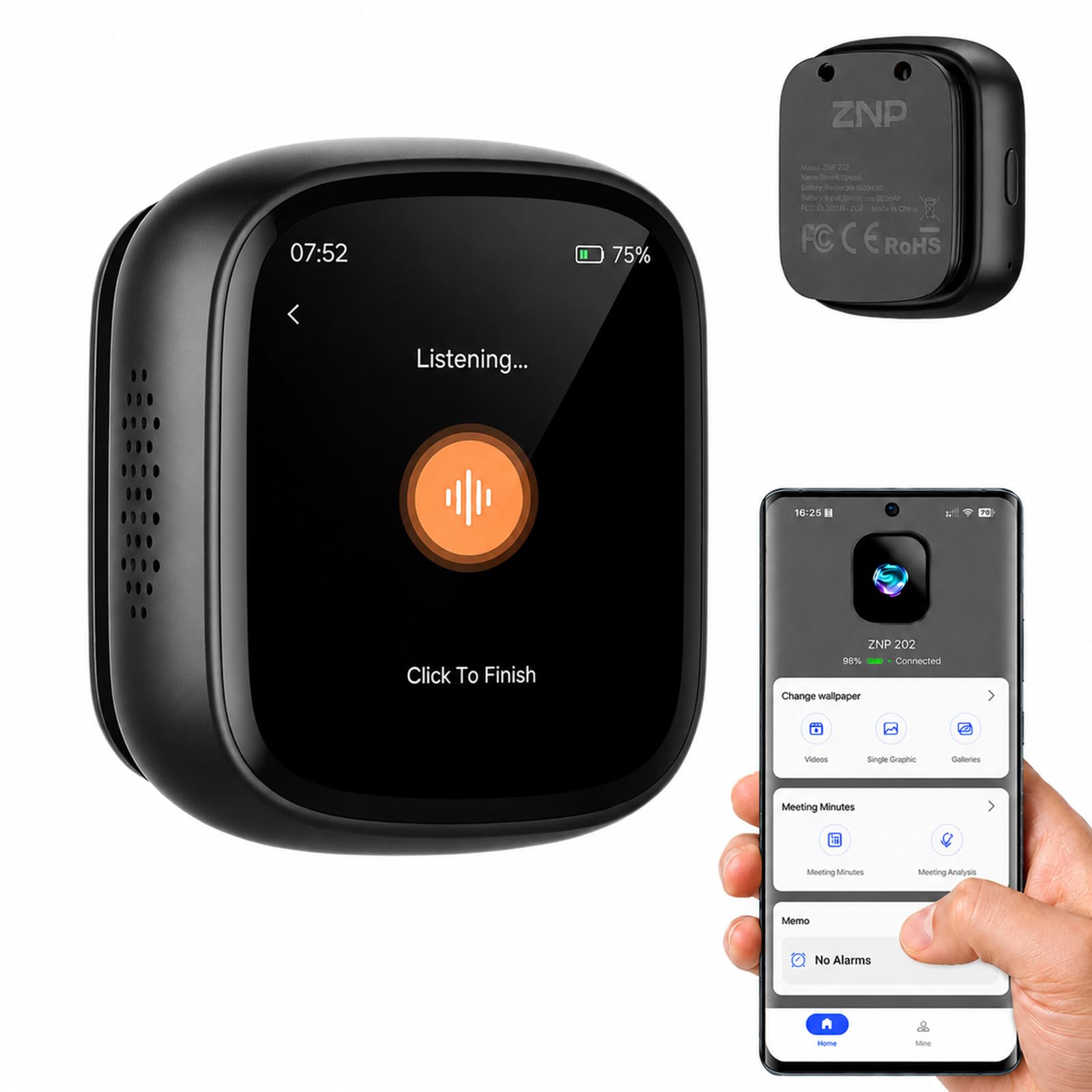 Z02 Traduttore vocale IA e badge, dispositivo di traduzione in tempo reale 102 lingue, registrazione con un‑clic per verbali d’incontri e mappe mentali, Bluetooth integrato per viaggi e lavoro