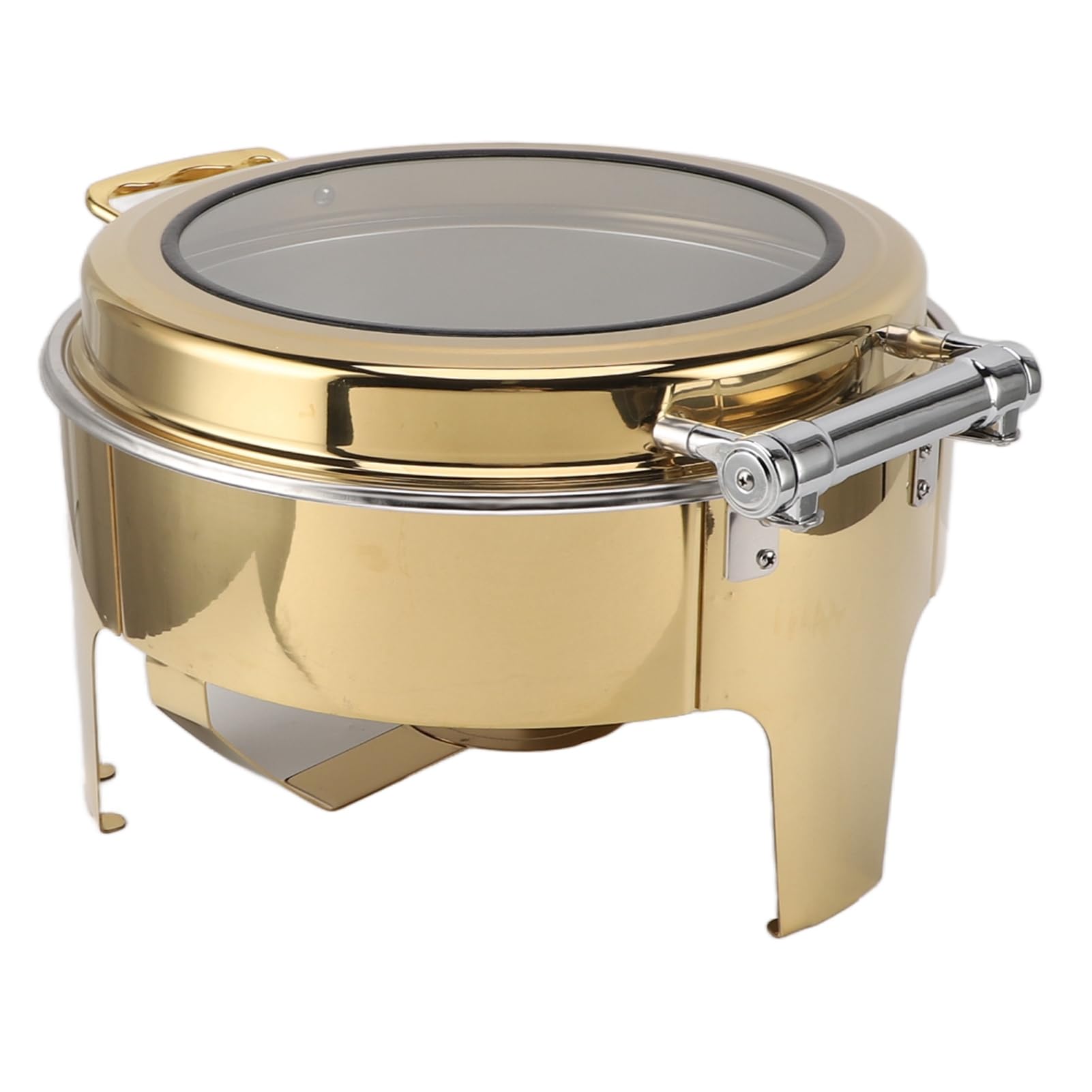 Zunate Plato de Frotamiento Redondo Dorado para Buffet |Cacerola de de Acero Inoxidable de 6 Litros con Tapa Abatible de 90 Grados para Calentar Alcohol (1 sartén de tamaño completo)