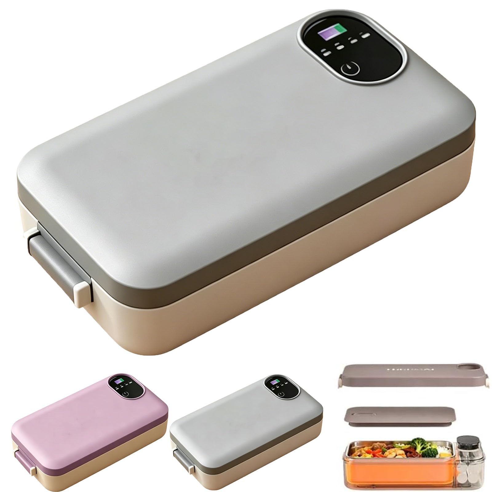Fiambrera eléctrica portátil con autocalentamiento, calentador de alimentos inalámbrico recargable de 900 ml con pantalla de temperatura, a prueba de fugas para trabajo, viajes, camping (Gray)