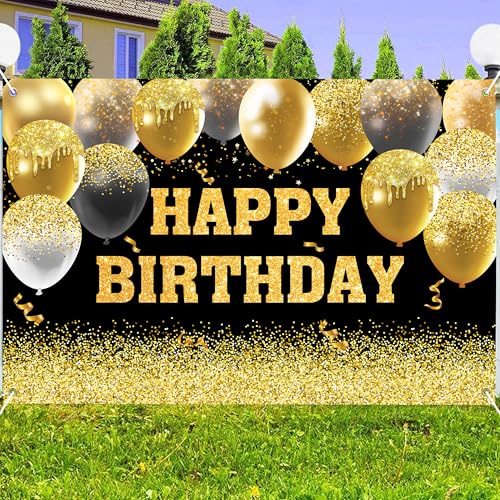Image of Happy Birthday Decorations Backdrop 8 x 6 ft Golden Happy Birthday Banner Large Birthday Party Background for Men Women Kids Photo Shoot Supplies (Black, 8 * 6 ft)