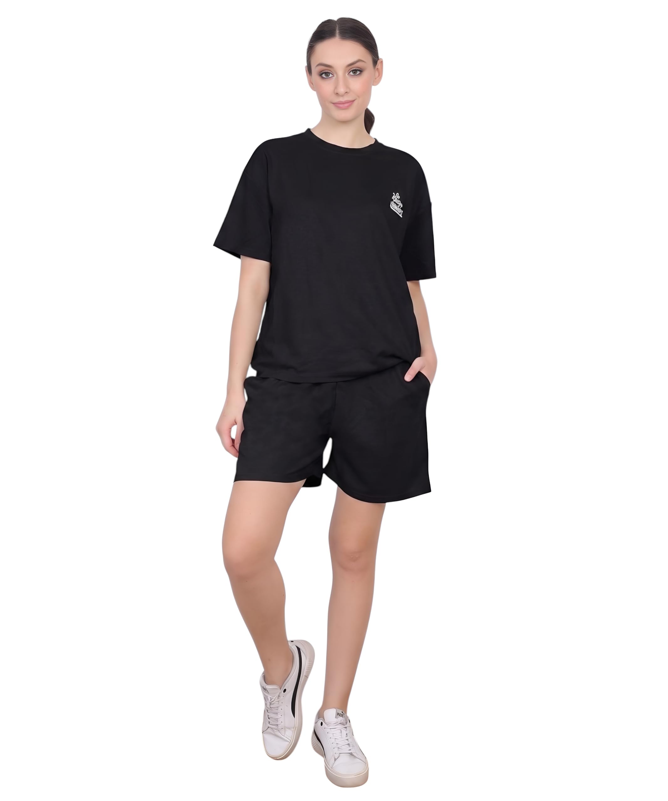 pollo loco Women Solid Tencel Oversized T-Shirt & Shorts Co-Ord Set (IN, Alpha, XL, BLACK)-picture-36