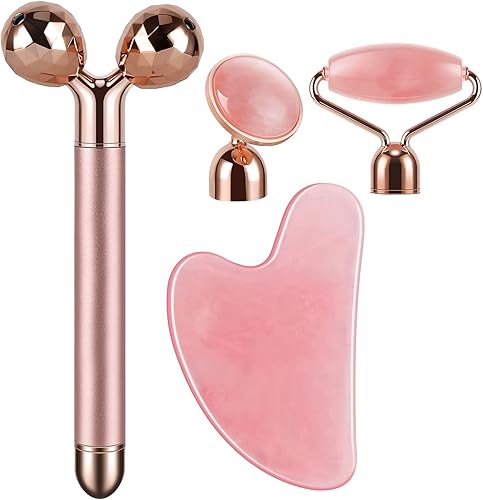 Miniatura 3 de Juego de masajeador facial 4 en 1 y Gua Sha para mujeres, rodillo facial de cuarzo rosa, herramientas para el cuidado de la piel, herramienta