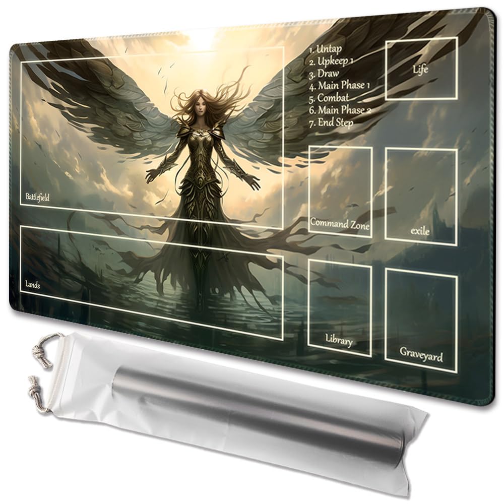 MTG Playmat with Zone Size 24x14in Free Storage Bags Non-Slip Backing, Ideal for Card Game Enthusiasts Magic TCG Playmat Zones (Angel descends)