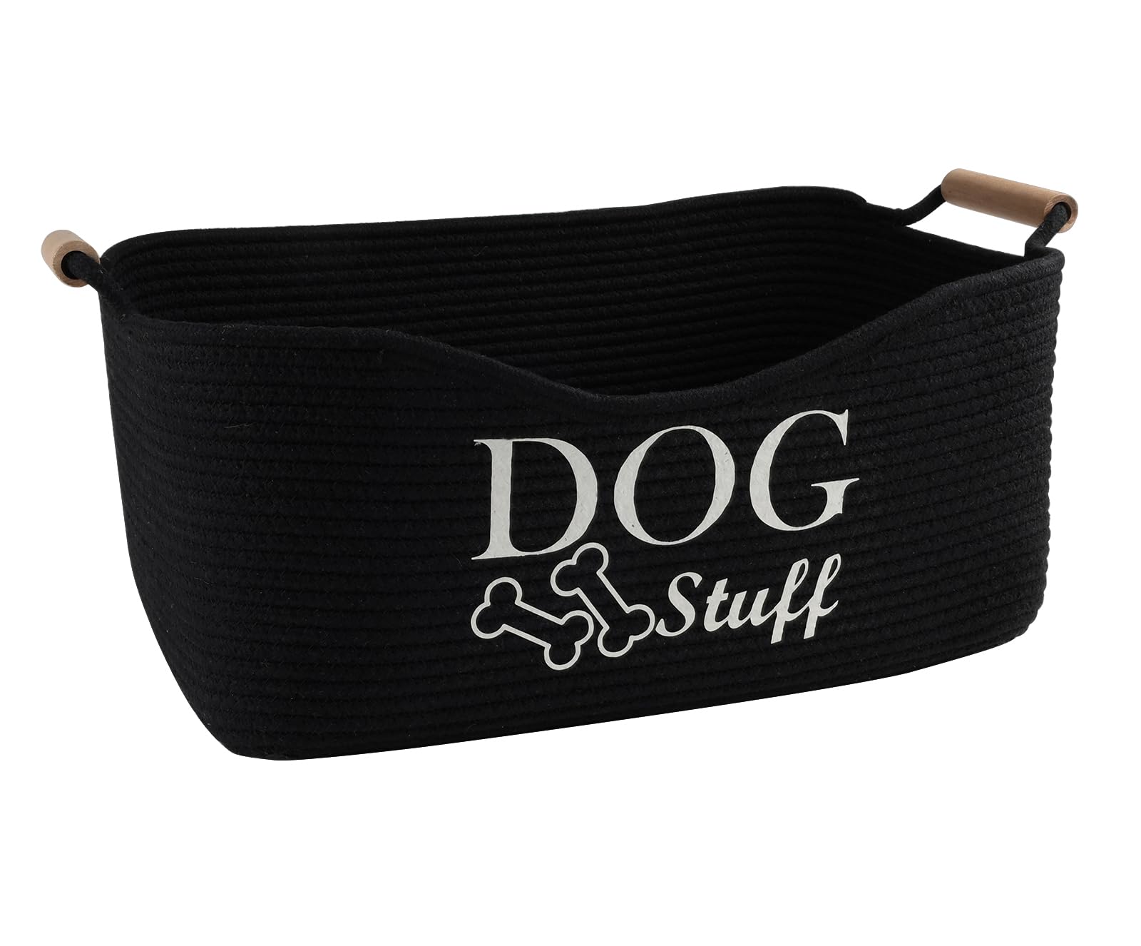 Brabtod Medium Woven Dog Toy Basket,Dog Stuff Organizer,Collapsible Dog Toy Bin with Wood Handles,Rectangle Puppy Toy Storage Basket,Dog Organizer for Dog Toys,Collar,Leash,Blankets-Black