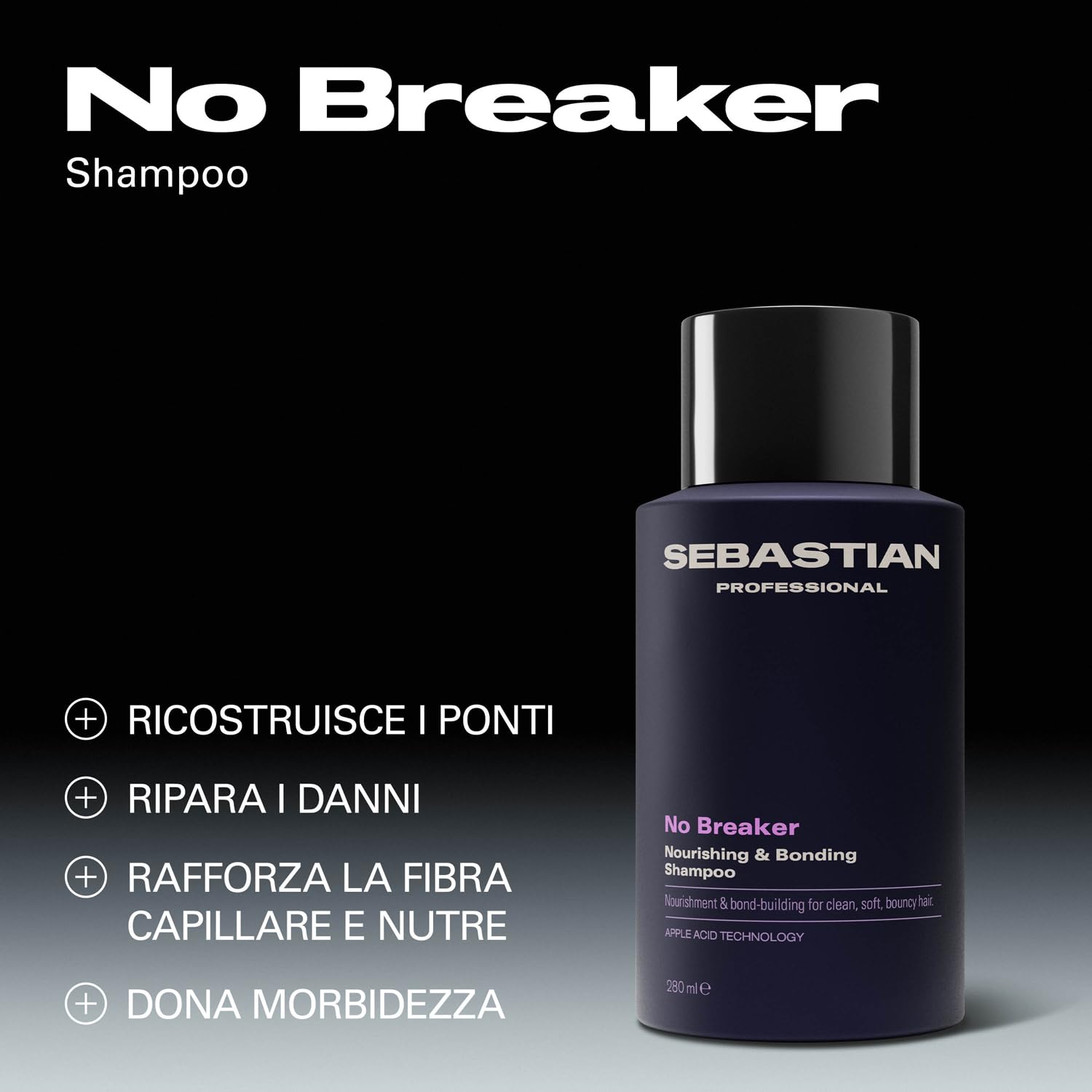 Sebastian Professional No Breaker Nourishing & Bonding Shampoo – Shampoo detergente e nutriente con acido malico per capelli morbidi, forti e luminosi, 280ml