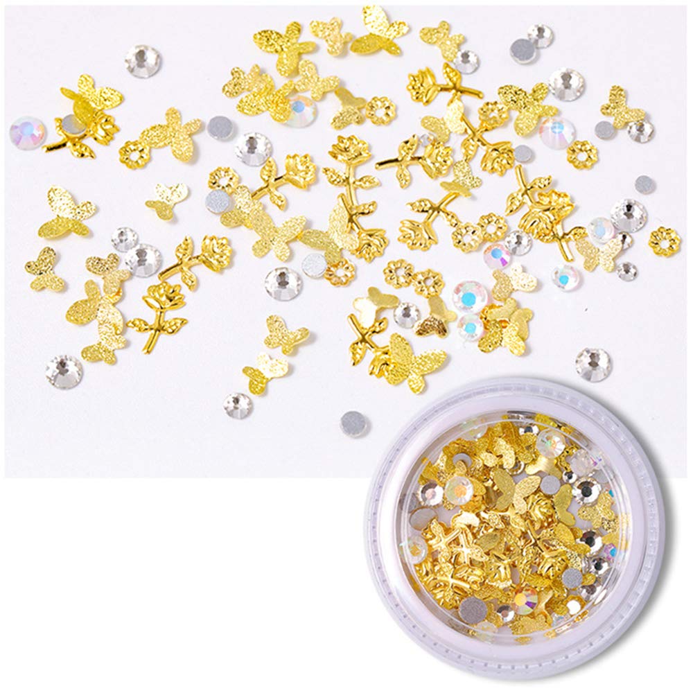 1Box Golden Butterfly Nail Art Decorations AB Crystal Mix Style Nails Decor Metal Rivets Pearls Holographic Nail Sequins (01)