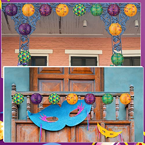 Image of Panelee 12 Pcs Mardi Gras Party Decorations Paper Lanterns Carnival Yellow Green Purple Hanging Round Paper Lanterns 8 Inch for Mardi Gras Office Classroom Party Decorations Supplies Indoor Outdoor