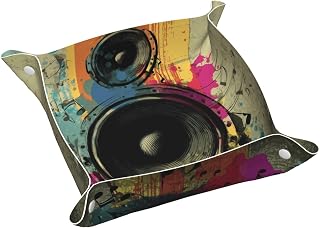 Valet Tray for Women Men Vintage Music Jewelry Tray and Catch S | Speaker Faux Leather Desk Storage Organizer for Keys Wallet Watch Coins Sunglasses