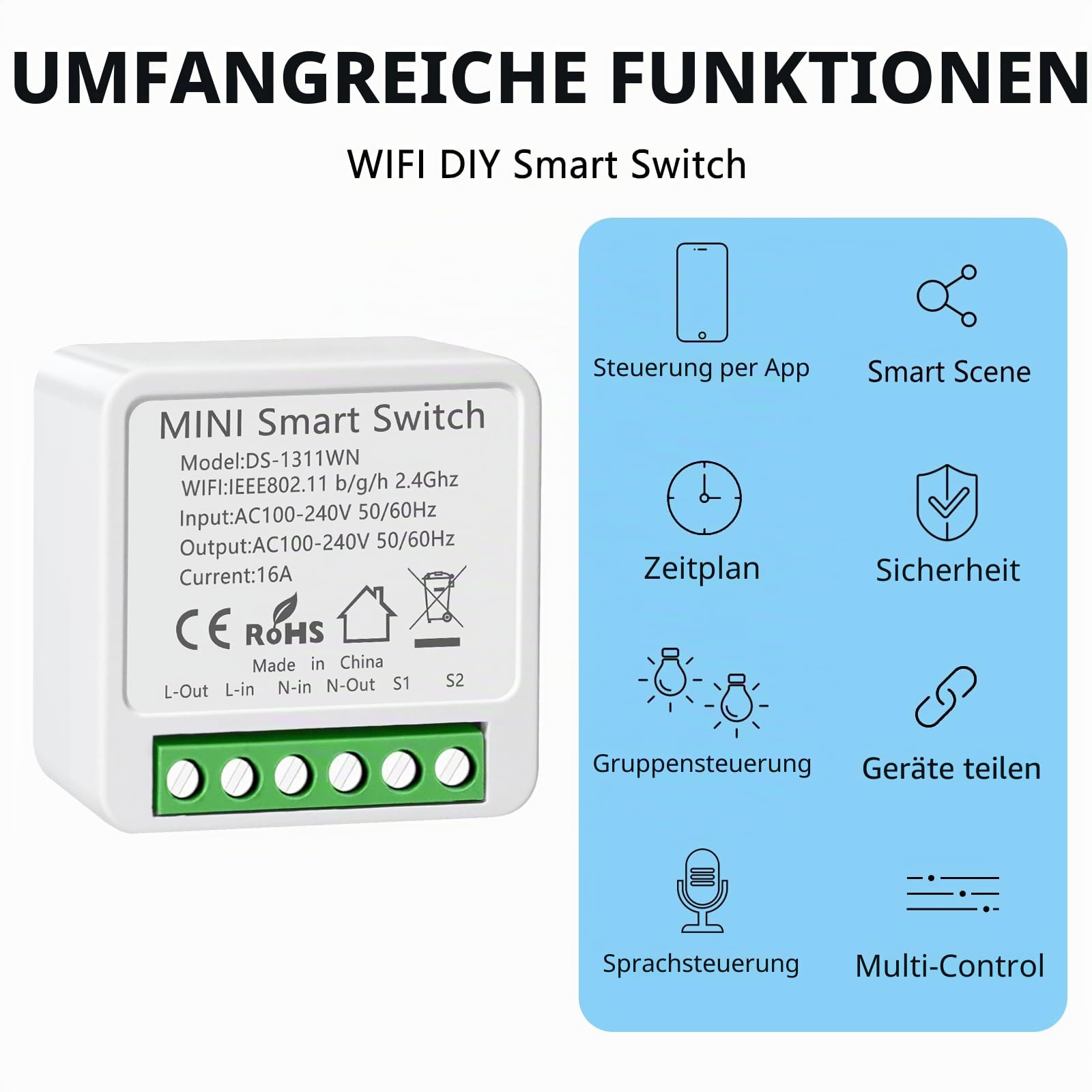 6 Stück Smart Lichtschalter Alexa, WLAN Schalter Modul, Mini Smart Switch