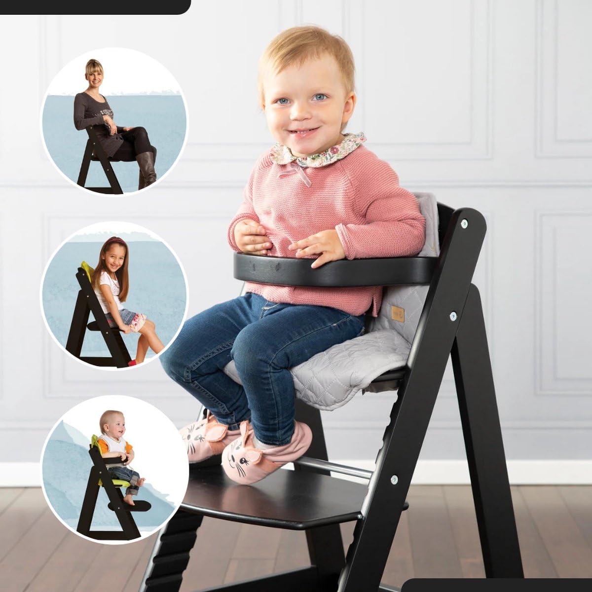 Drewniane Krzesełko Rośnie Razem z Dzieckiem – Z Tacką – Regulowane Krzesełko dla Dzieci – Z Poduszką – 48×58×80 cm – Czarny