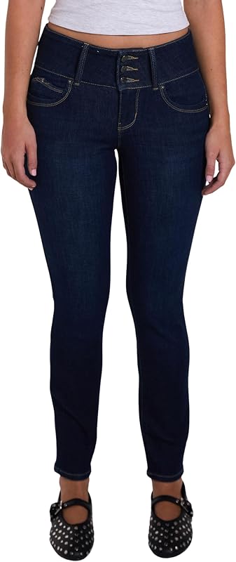 YMI Women's YMI Women's Junior Mid-Rise Wannabettabutt 3-Button Recycled Fibers Skinny Jeans