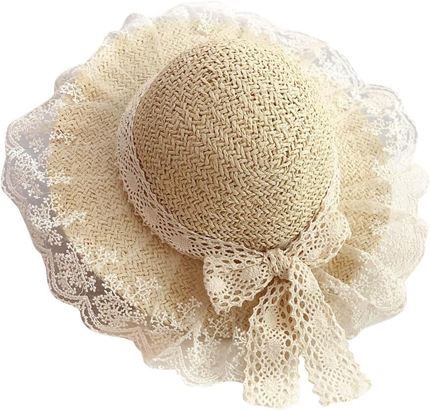 1PCS Kids Girls Straw Sun Visor Hat Lace Flower Breathable Summer Beach Hat with Wide Brim