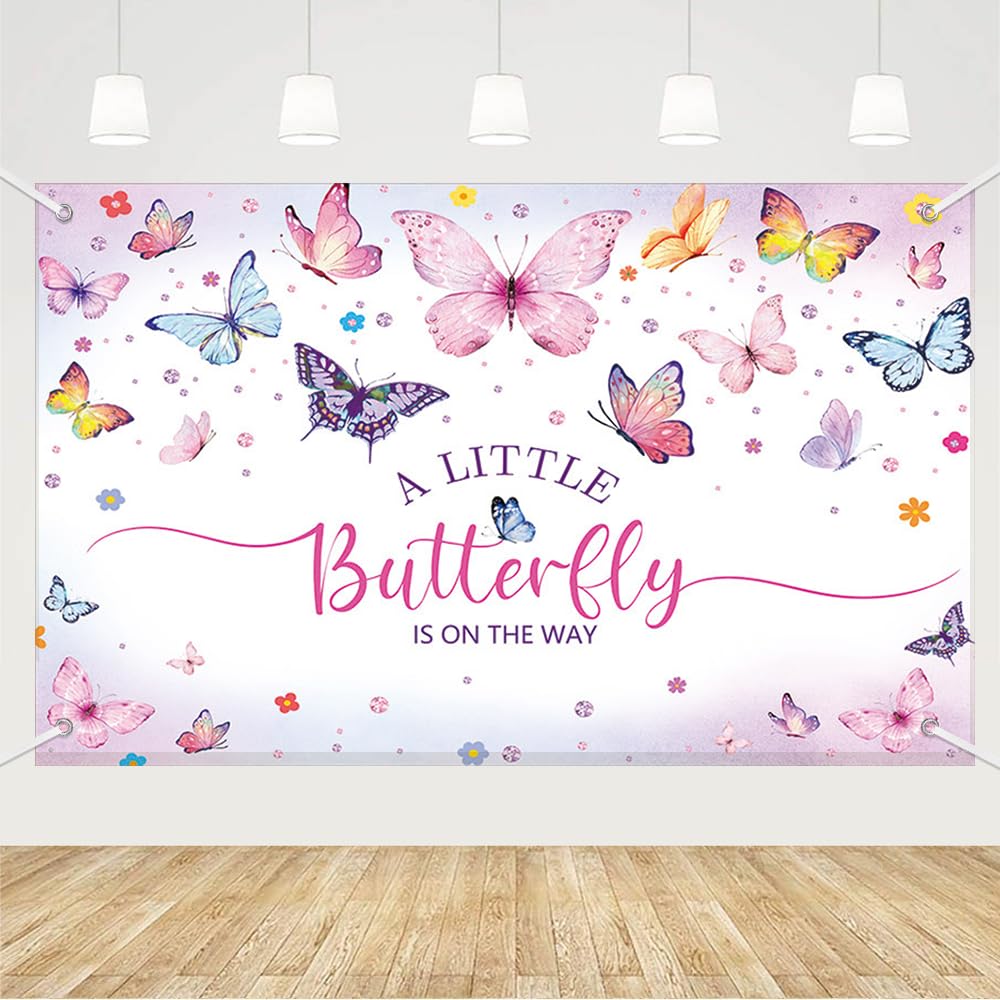 MEHOFOND 6x3.6ft Butterfly Baby Shower Backdrop Purple A Little Butterfly is on The Way Photography Background Girls Baby Shower Party Decorations Colorful Floral Diamond Glitter Party Photo Props