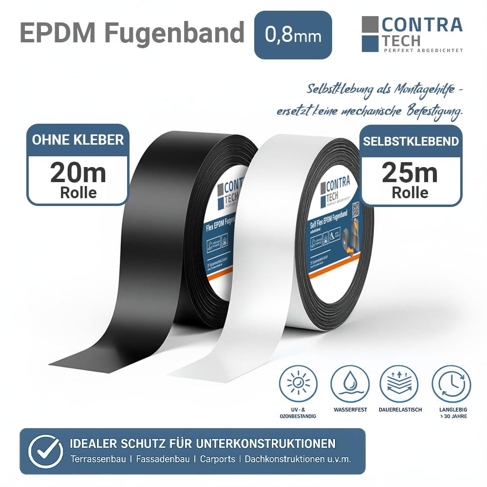 EPDM Fugenband 0,8 mm | Selbstklebend oder ohne Klebung | 36–130 mm Breite | UV- & Witterungsbeständig | EPDM Dichtband für Fenster, Fassade, Dach & Anschlussfugen (Selbstklebend – 25 m, 80mm)