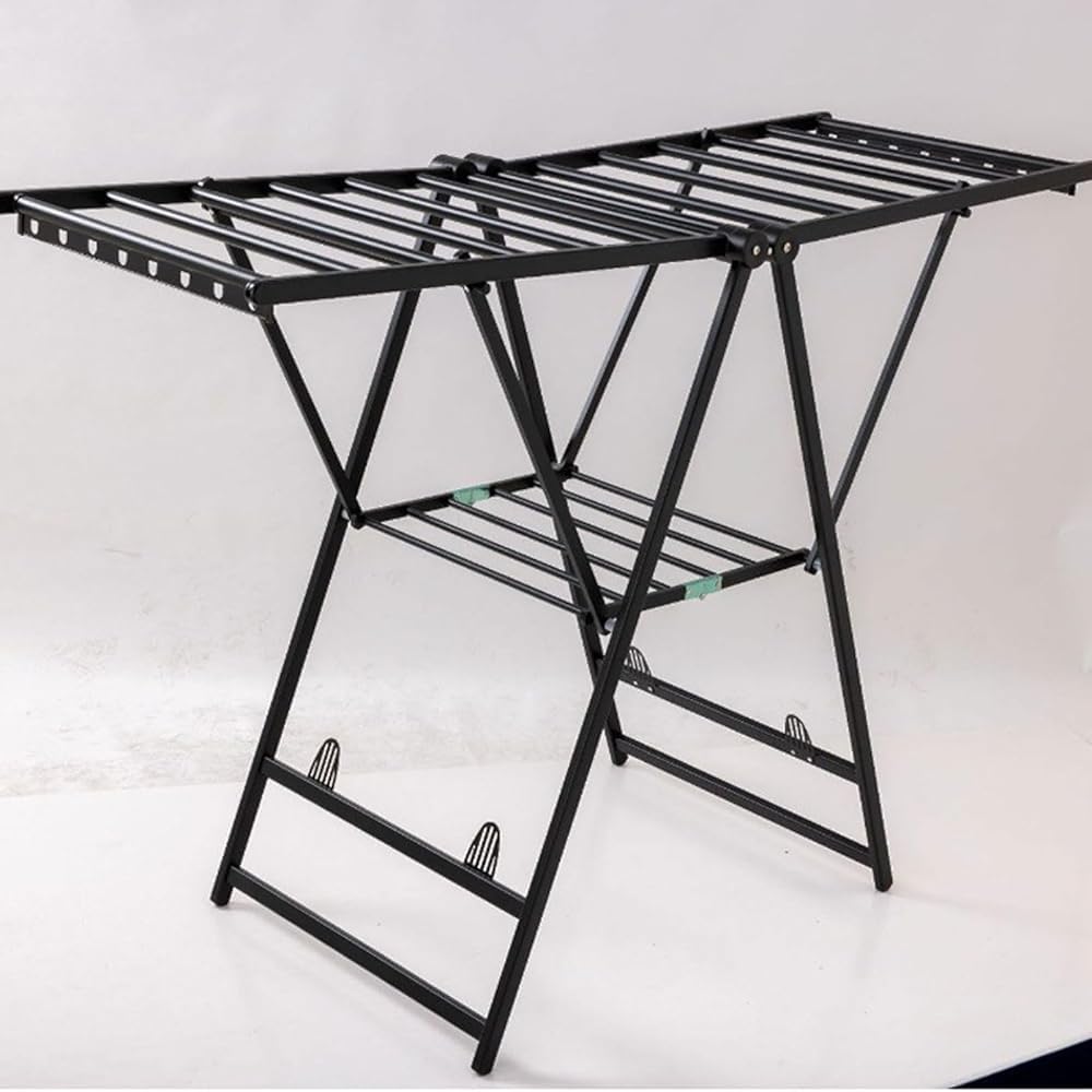 Foldable Laundry Drying Rack – 2-Tier Free-Standing Floor Rack with Height-Adjustable Wings & Shoe Rack | Suitable for Indoor & Outdoor Use(Size:130cm,Color:Black)