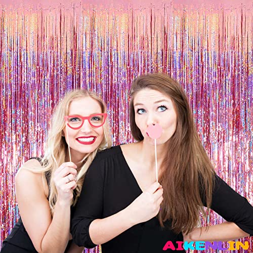 Image of 4 Pack 3.2Ft x 8.2Ft Rose Gold Foil Fringe Curtain Backdrop, Metallic Tinsel Foil Fringe Streamers Curtains Background for Photo Booth, Birthday, Wedding, Disco, Bachelorette, Christmas Party Decor