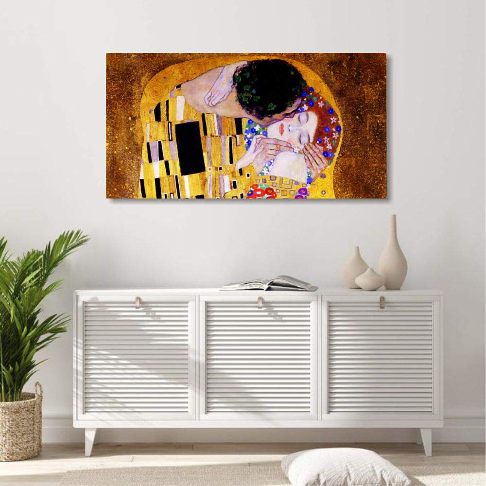 Quadri L&C ITALIA Quadro Il Bacio di Klimt per Camera da Letto e Soggiorno 90x45 Stampa su Tela Canvas Abbraccio Amanti Riproduzione Autori Famosi Capezzale Orizzontale Grande