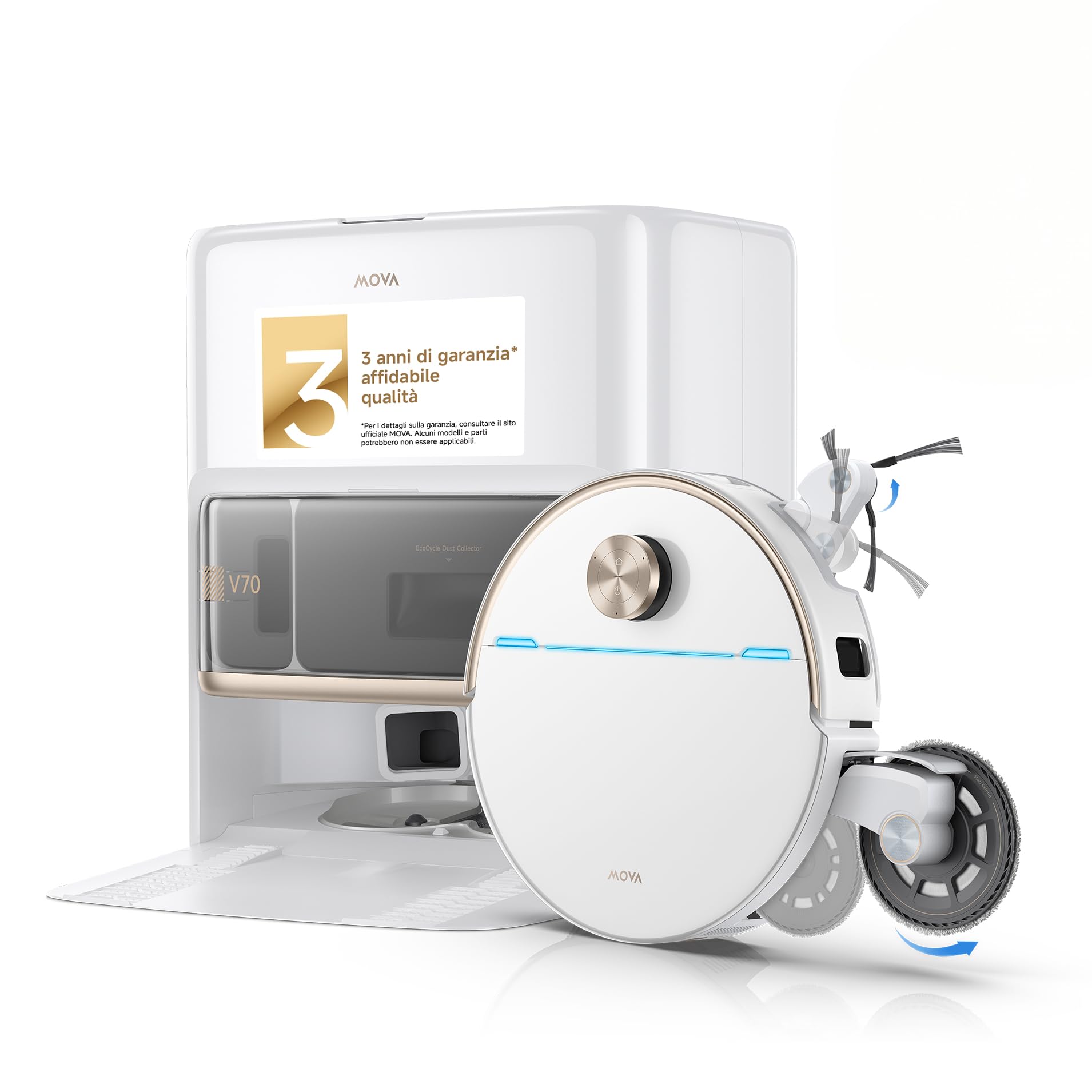 MOVA V70 Ultra Complete Robot aspirapolvere, estensione MaxiReachX, aspirazione 40.000 Pa, pressione 15 N e pulizia 300 giri/min, superamento ostacoli fino a 9 cm, serbatoio per la polvere EcoCyclone.