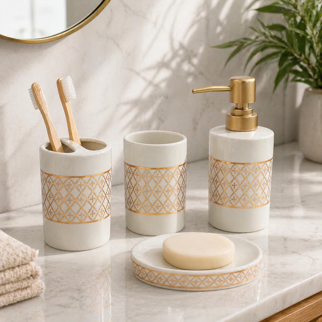 Whizzo® Intricate Design Bathroom Accessories Set Ceramic - 4 Piece Bathroom Accessories Set Soap Dispenser, Toothbrush Holder, Tumbler, Soap Dish, The Best Gifting Choice (White)-image-6