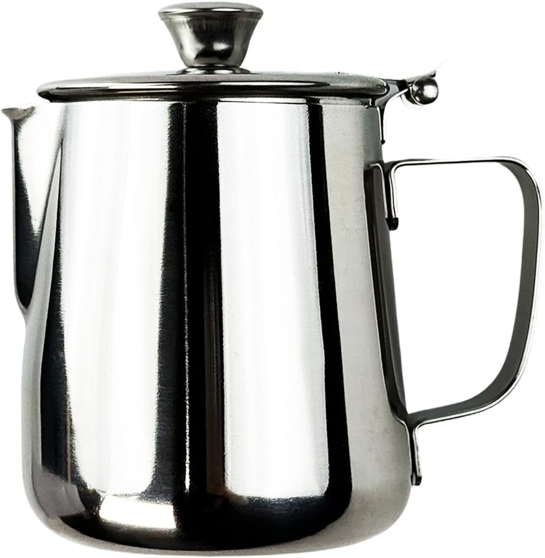 Milk Frother Cup, Stainless Steel Coffee Steaming Pitchers with Lid and Welded Handle, Espresso Steaming Pitchers Coffee Cup Mug for Latte Coffee Art (350ml/12oz)