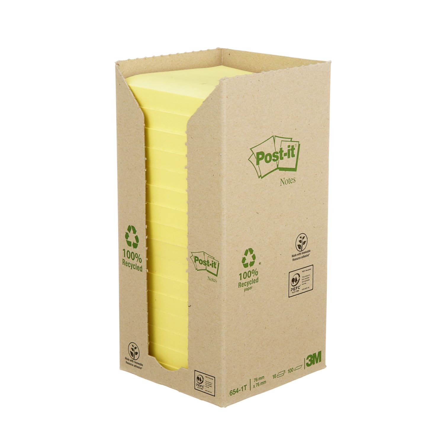Post-it Notes Autocollantes, Recyclés - 16 Blocs, 100 Feuilles par Bloc, 76 mm x 76 mm - Feuillets Adhésifs pour Prise de Notes, Listes de Tâches et Rappels, Fabriqués à partir de Papier 100% Recyclé