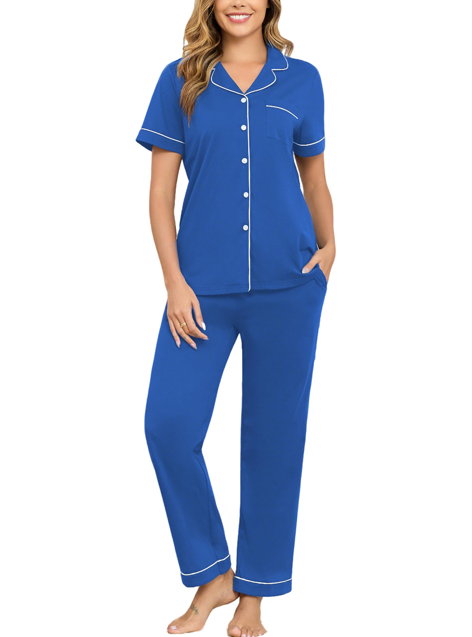 Veseacky 100% Cotton Pajamas for Women Set Short Sleeve Button Down Sleepwear Soft 2 Piece Summer Pjs Lounge Sets S-XXL