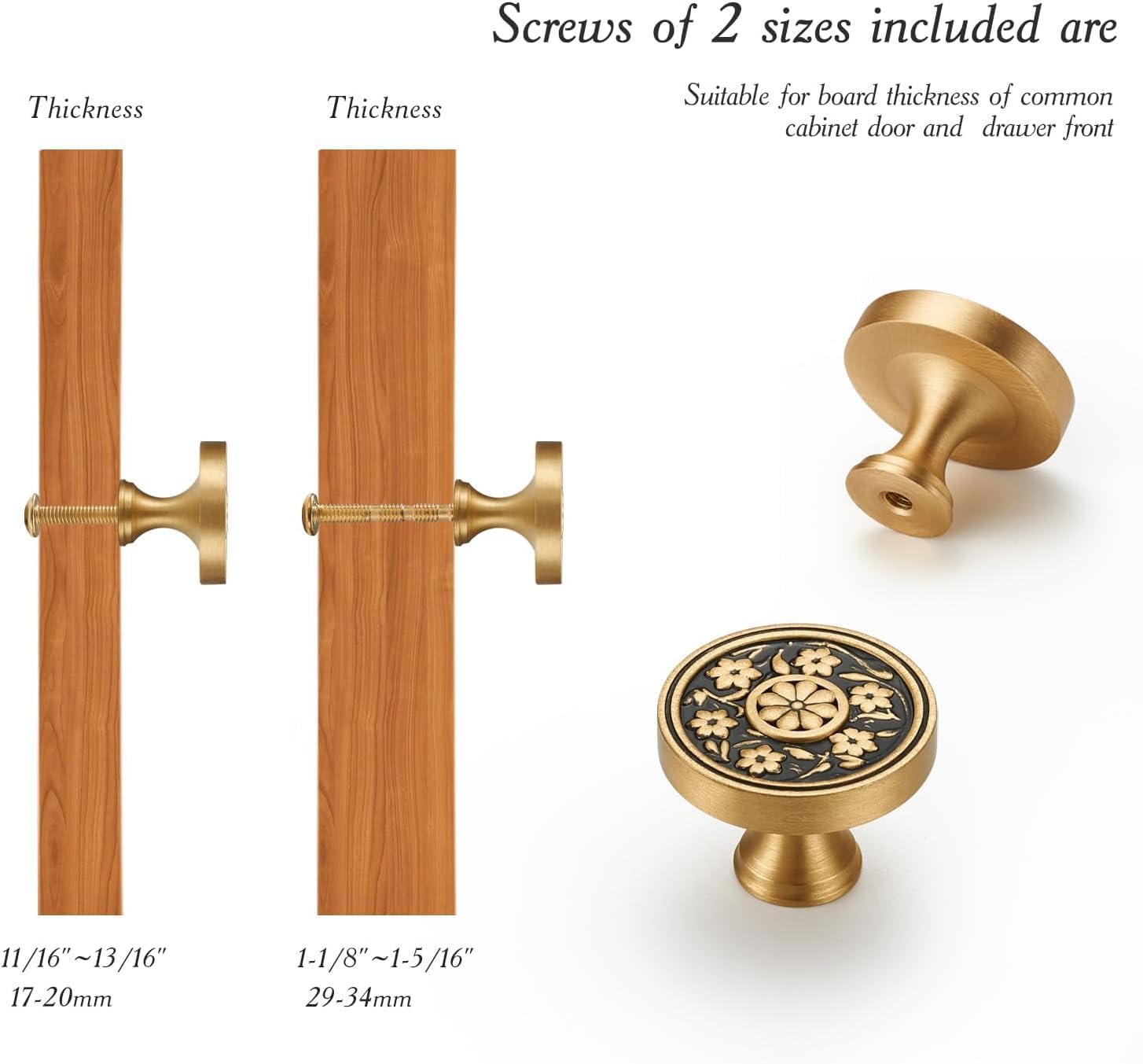 Solid Brass Cabinet Knobs 5 Pack - Round Brushed Gold Hardware for Kitchen, Dresser, Bathroom - Single Hole Modern Pulls with 2 Screw Sizes for Furniture Upgrade