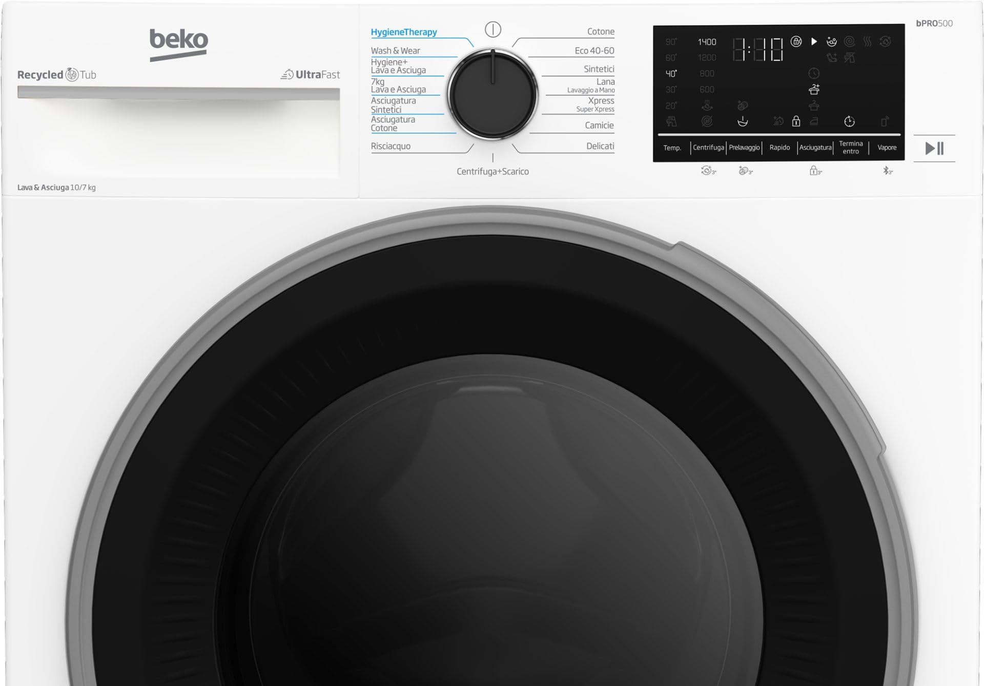 Beko - BDT510744S - Lavasciuga Standard, 10/7Kg, 1400giri, Classe D/A, display touch, Motore Inverter, funzione a vapore, cassetto detersivo autopulente, vasca in plastica PET riciclata