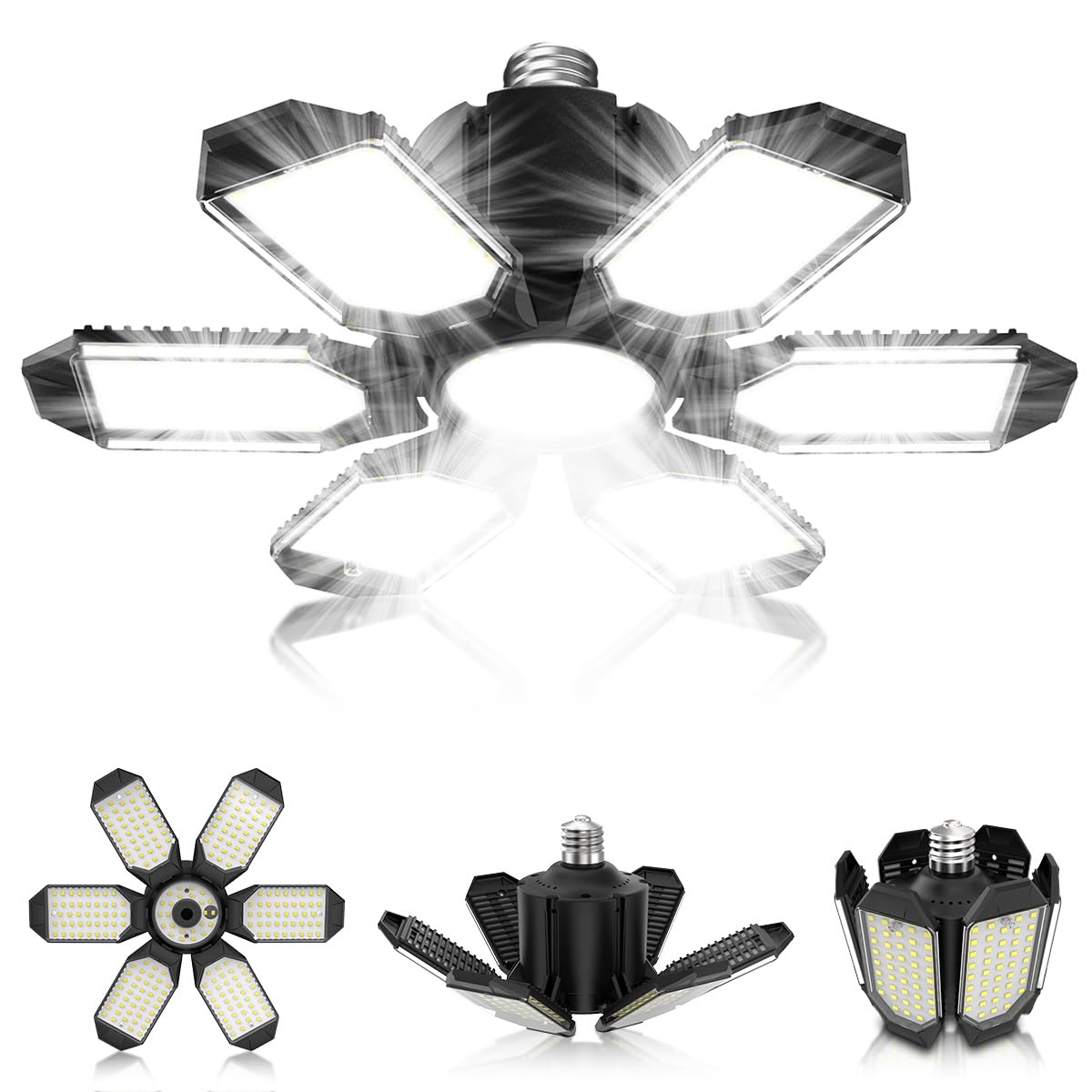 Bombillas de garaje – Luces LED de cochera atornilladas en el enchufe de la bombilla con 6 paneles deformables 6500 K, lámpara de sótano E26, luces LED para tienda para sótano, taller