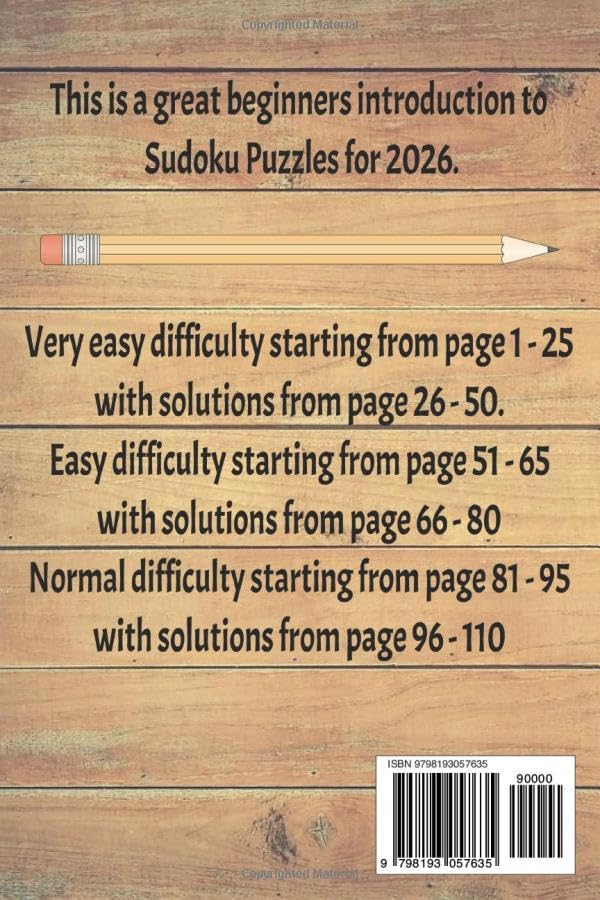 Beginner Sudoku 2026 Puzzle Book: Sudoku puzzles for beginners | Difficulties ranging from Very Easy - Easy - Normal | 6x9 inches, 110 pages | 50+ puzzles | solutions included image 3