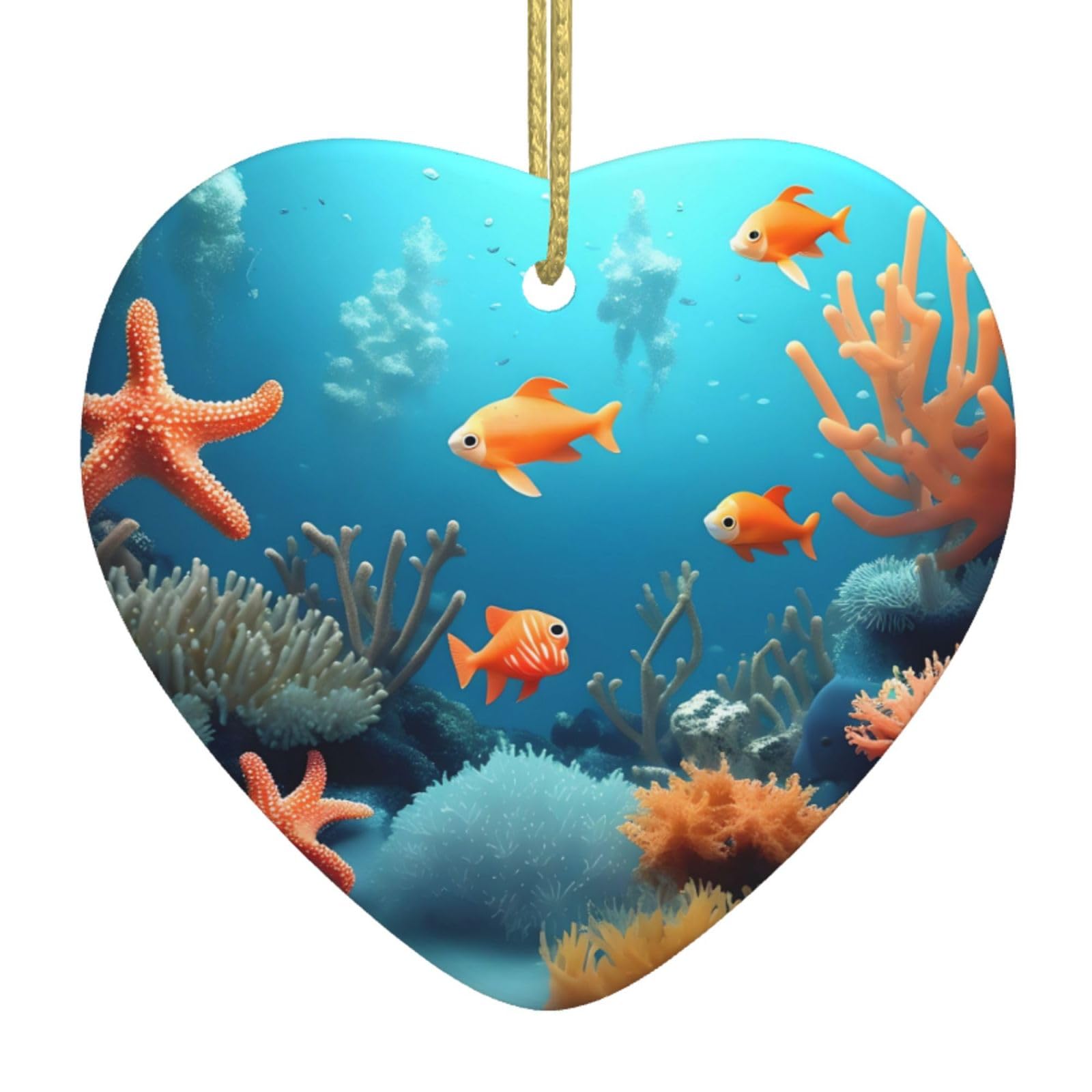 Coral Fish Underwater Ceramic Christmas Heart Pendant with Silk Thread, Christmas Tree Home Decoration