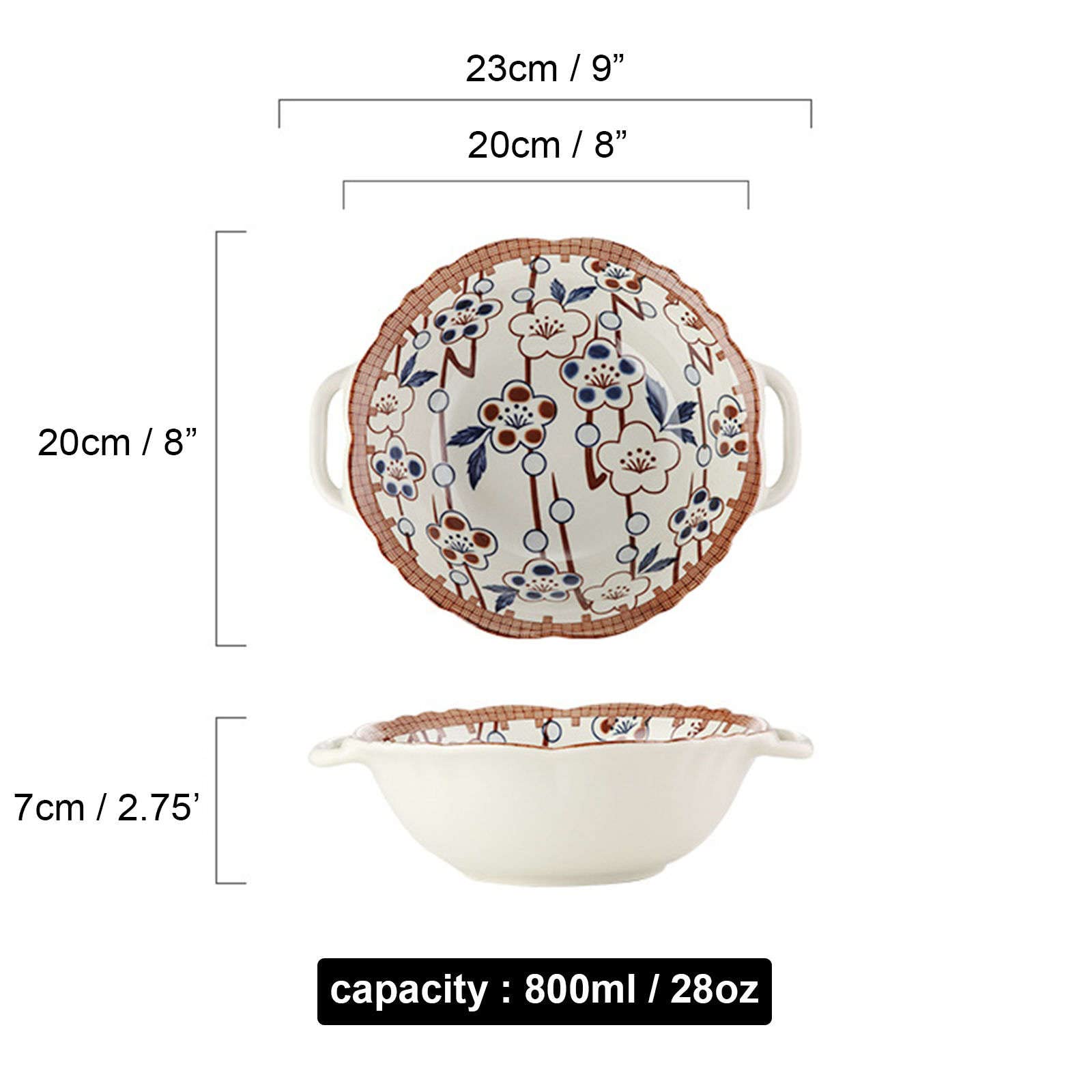 Ensaladera, Tazones De Sopa, Tazón De Cerámica Con Asa, Tazón De Ramen De Cerámica, Tazones Pho Grandes, Tazón De Sopa Apto Para Microondas, Tazón De Fideos Udon-Fu-23x20x7cm, 800ml (Color : Cherry