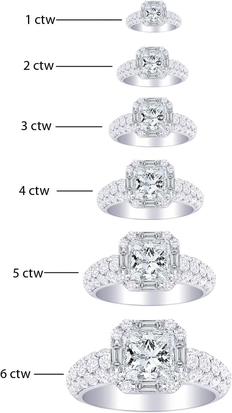 Houston Diamond District 1.5 Carat LAB GROWN DIAMOND Designer Halo Style Baguette & Pave Set Round Princess Cut Diamond Engagement Ring (E-F Color VS2-SI1 Clarity 0.75 Ct Center)