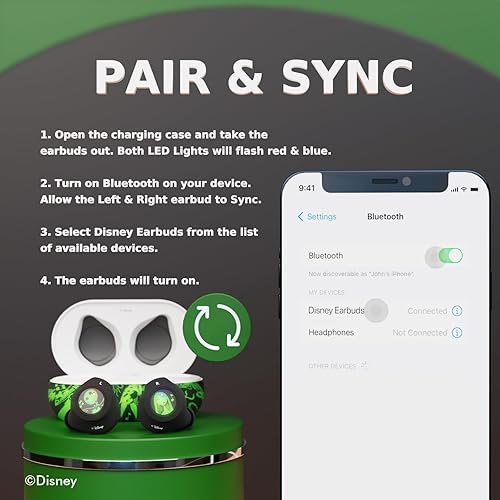 Miniatura 9 de Disney Nightmare Glow in the Dark TWS - Auriculares inalámbricos Bluetooth 5.0 compatibles con micrófono integrado y funda de recarga portátil, IPX8