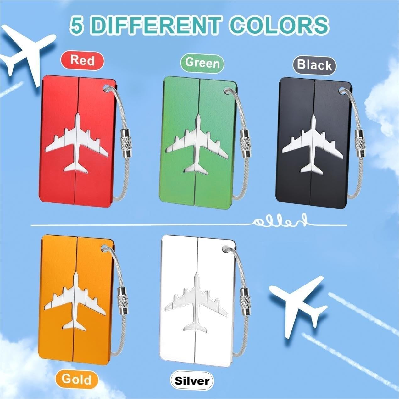 5 stuks bagagelabels, bagagelabels voor koffers met stalen lus en waterdichte naam-ID-kaart voor reistas, geruite bagage, koffers, laptoptassen, rugzakken (7,5 x 4,5 cm, 5 kleuren