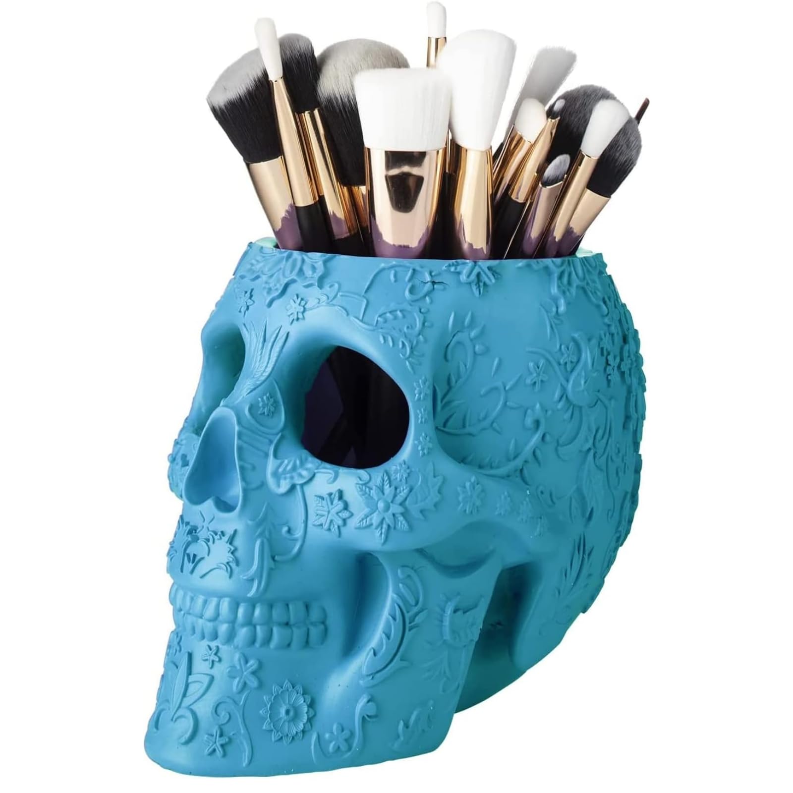 Skull Makeup Brush Holder, Pen Holder, Vanity, Desk, Office Organizer, Stationary, Decor Planter, Candy Bowl, Goth Decorations, Extra Large, Skulls Gothic Skull &amp; Bones Organizer Bathroom (Blue)