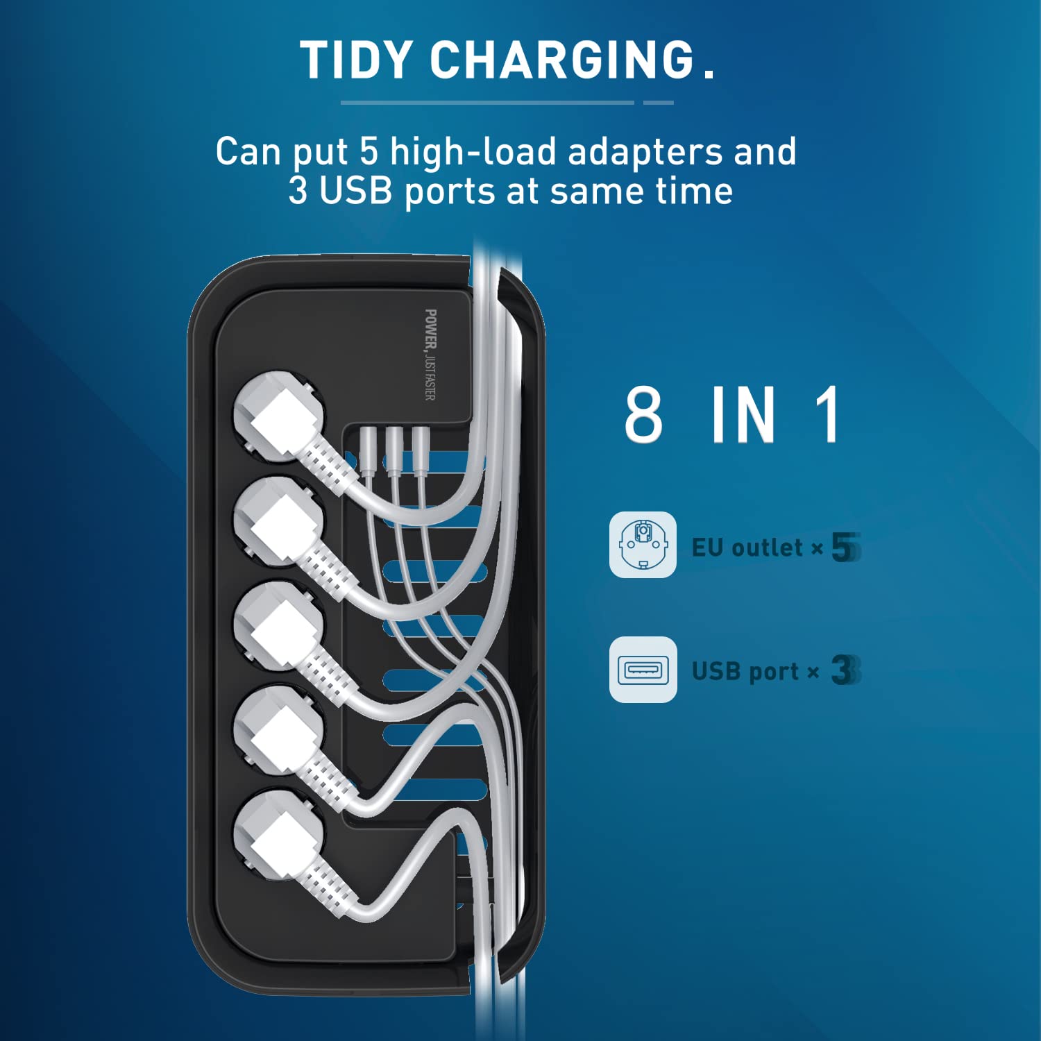 Ciabatta Multipresa USB con Scatola Porta Cavi, Presa Multipla 5 Prese con 3 USB, Adattatore per Presa per Scatola Portacavi (2500 W) con Cavo da 2 Metri, 29,5 * 14 * 14 cm, Nero